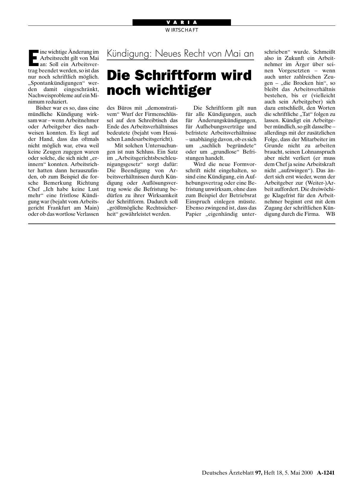 Vorschauseite 1: Kündigung: Neues Recht von Mai an - Die Schriftform wird noch wichtiger