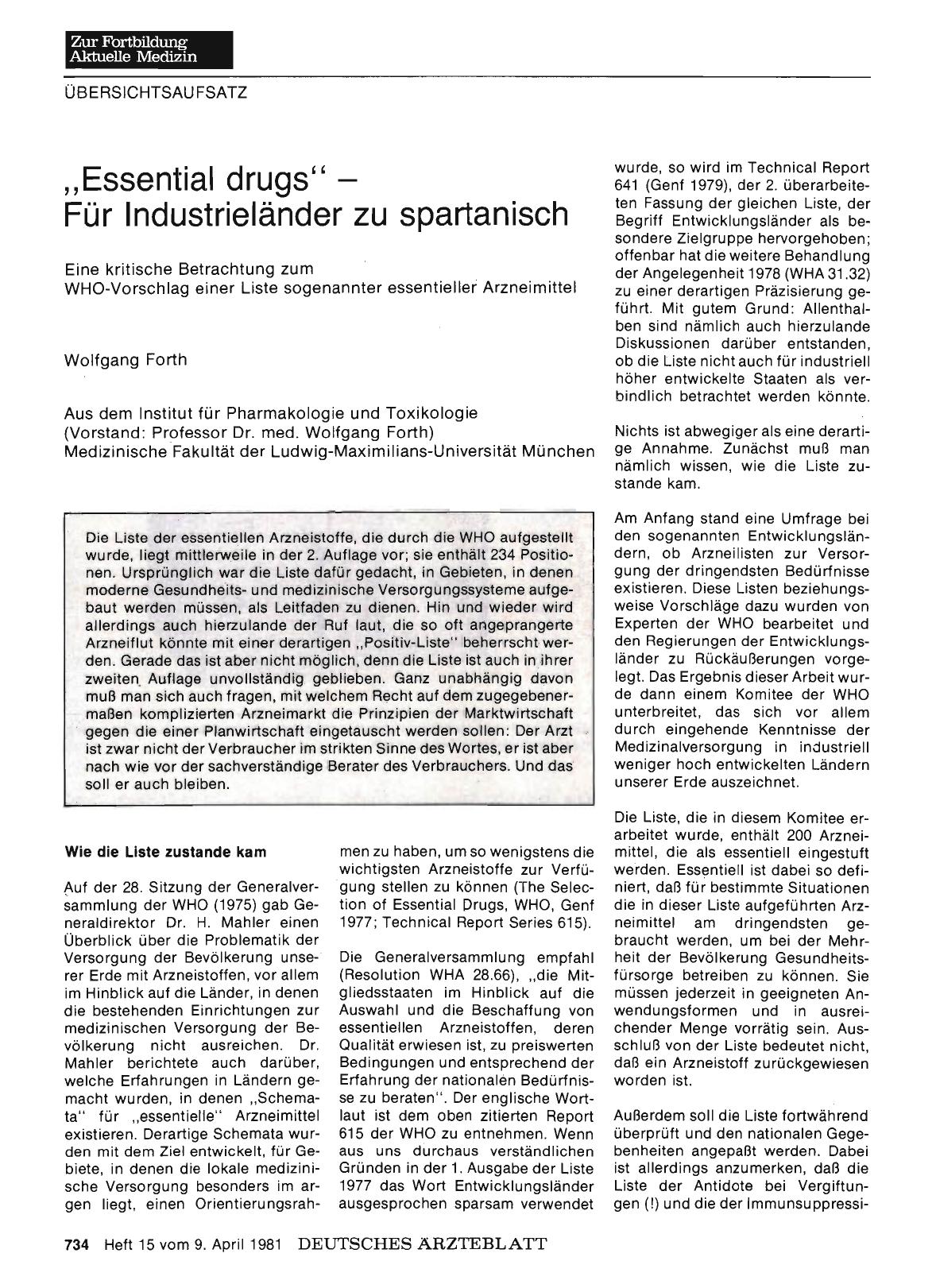 Vorschauseite 1: „Essential drugs" — Für Industrieländer zu spartanisch