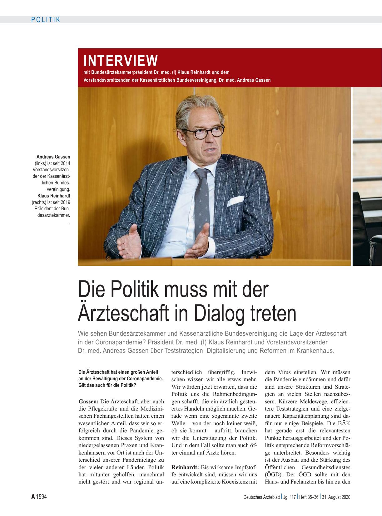 Vorschauseite 1: Interview mit Bundesärztekammerpräsident Dr. med. (I) Klaus Reinhardt und dem Vorstandsvorsitzenden der Kassenärztlichen Bundesvereinigung, Dr. med. Andreas Gassen: Die Politik mu…