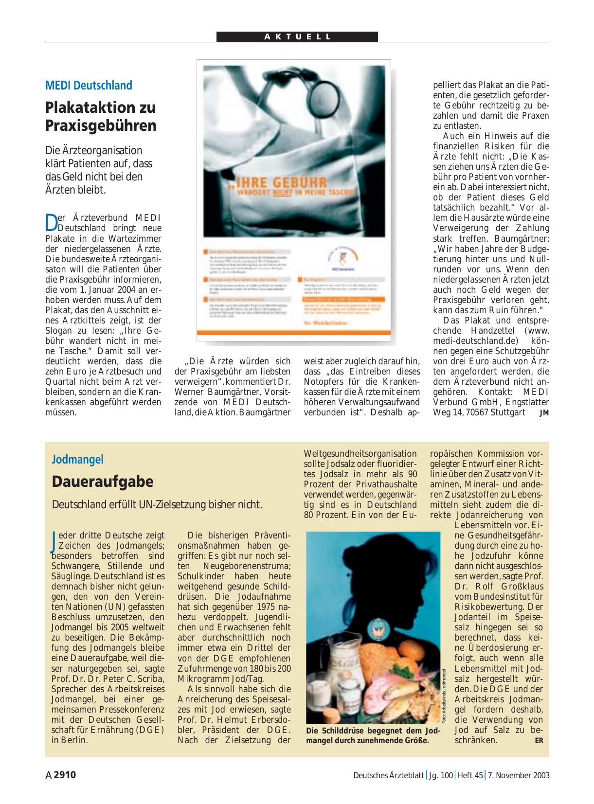 Vorschauseite 1: MEDI Deutschland: Plakataktion zu Praxisgebühren