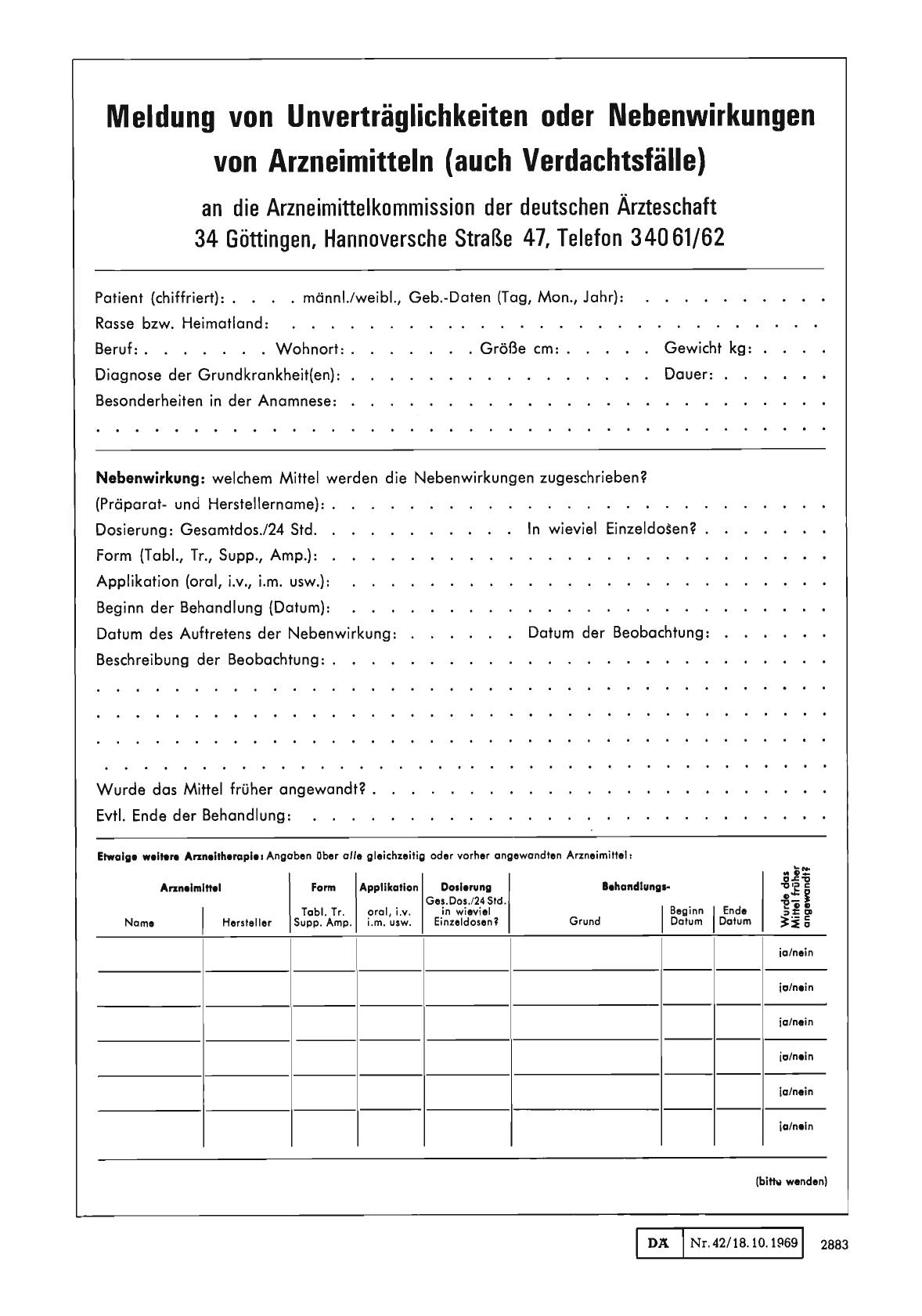 Vorschauseite 1: Meldung von Unverträglichkeiten oder Nebenwirkungen von Arzneimitteln (auch Verdachtsfälle)