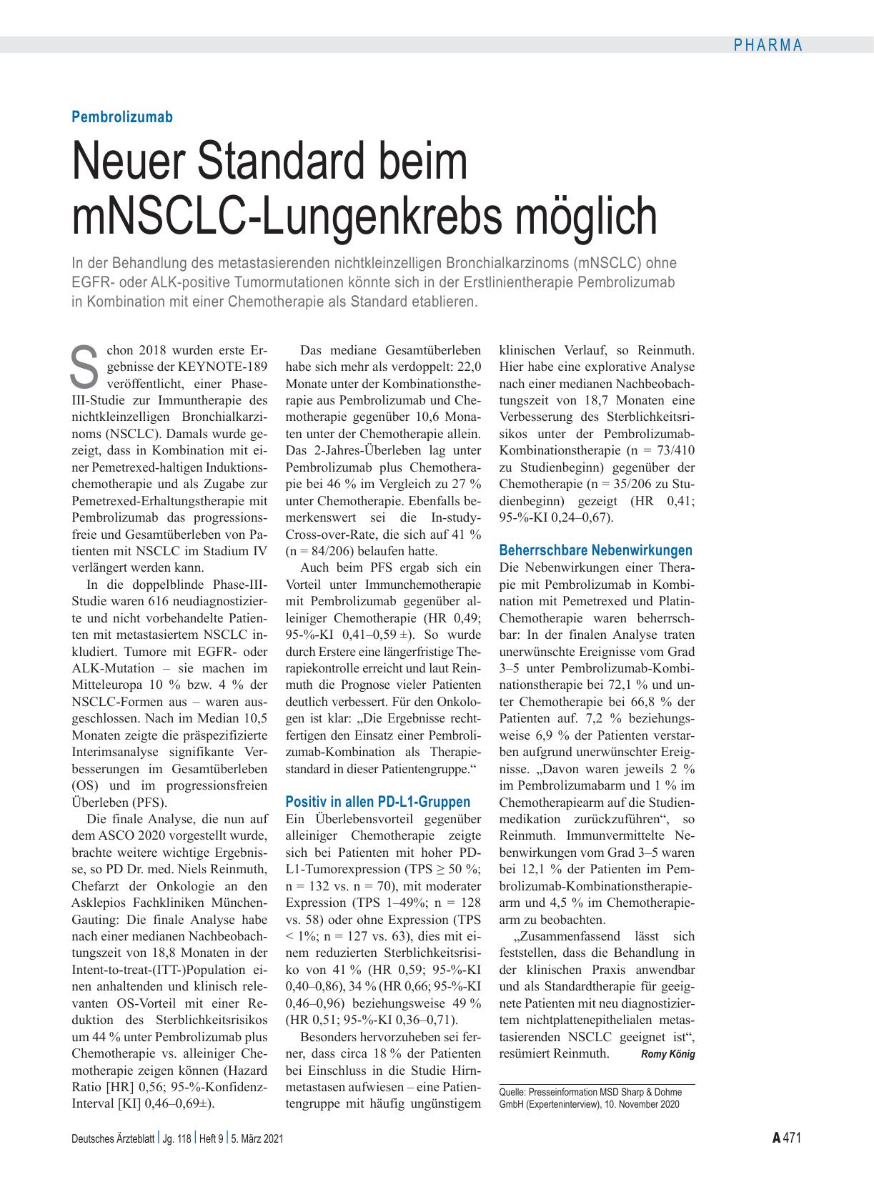 Vorschauseite 1: Pembrolizumab: Neuer Standard beim mNSCLC-Lungenkrebs möglich