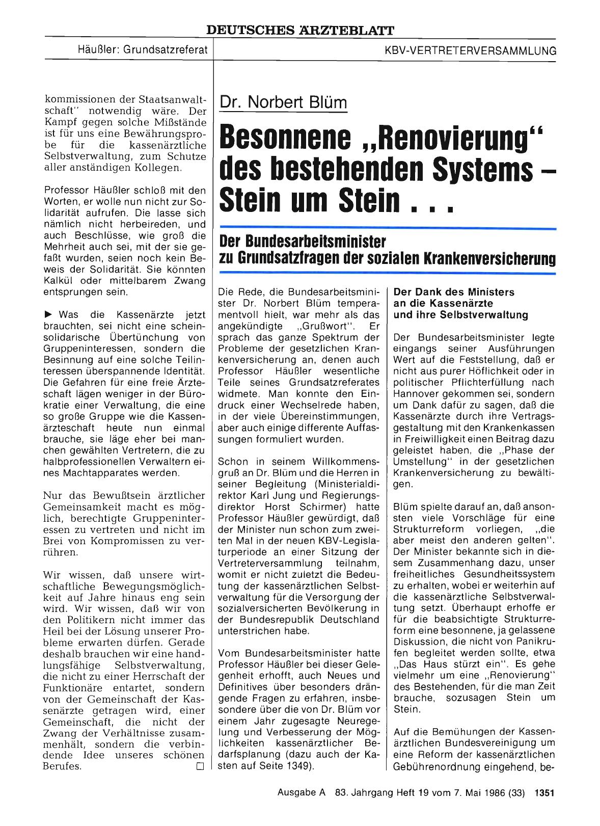 Vorschauseite 1: Dr. Norbert Blüm: Besonnene, ,Renovierung'' des bestehenden Systems - Stein um Stein. ..