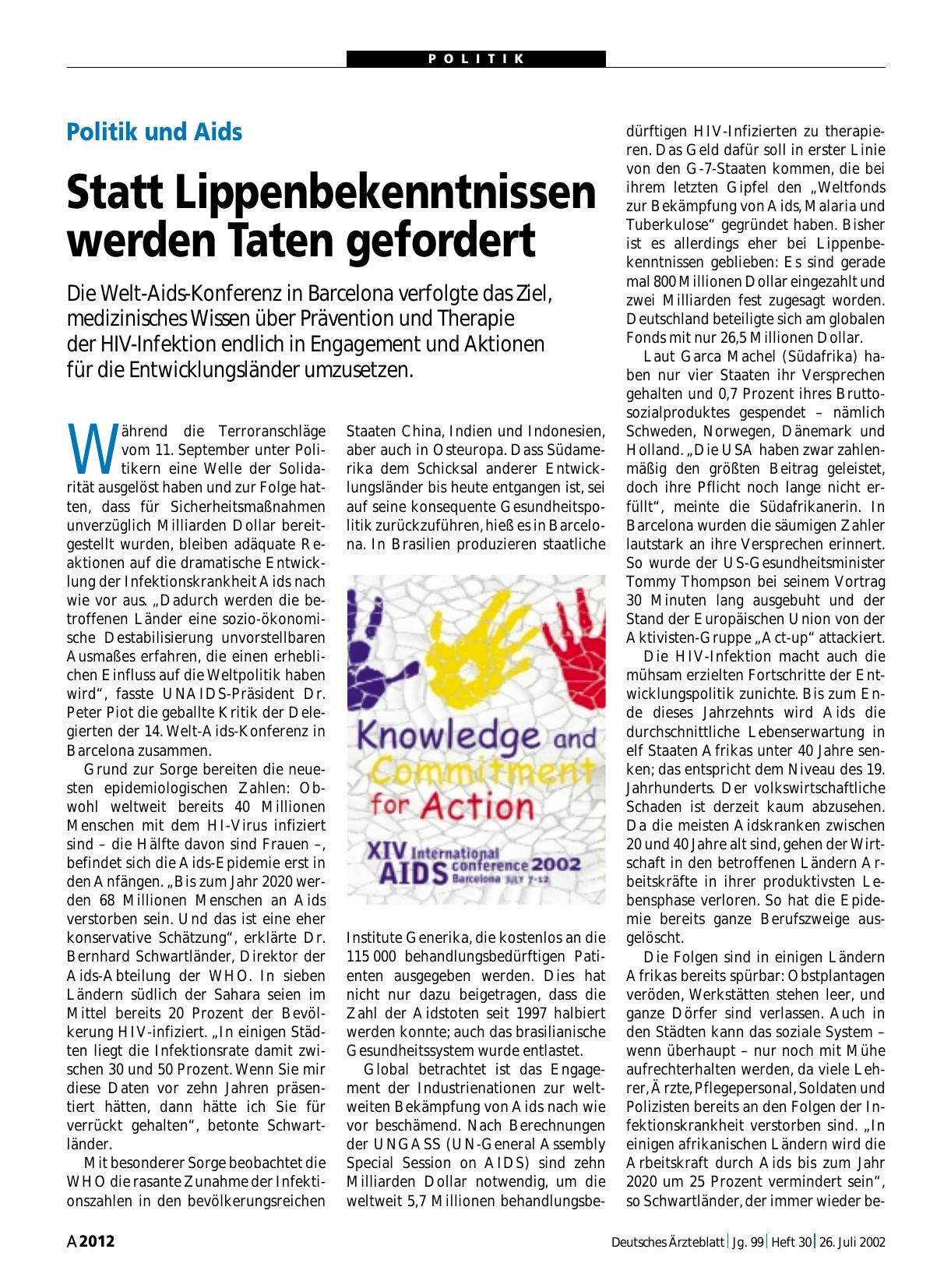 Vorschauseite 1: Politik und Aids: Statt Lippenbekenntnissen werden Taten gefordert