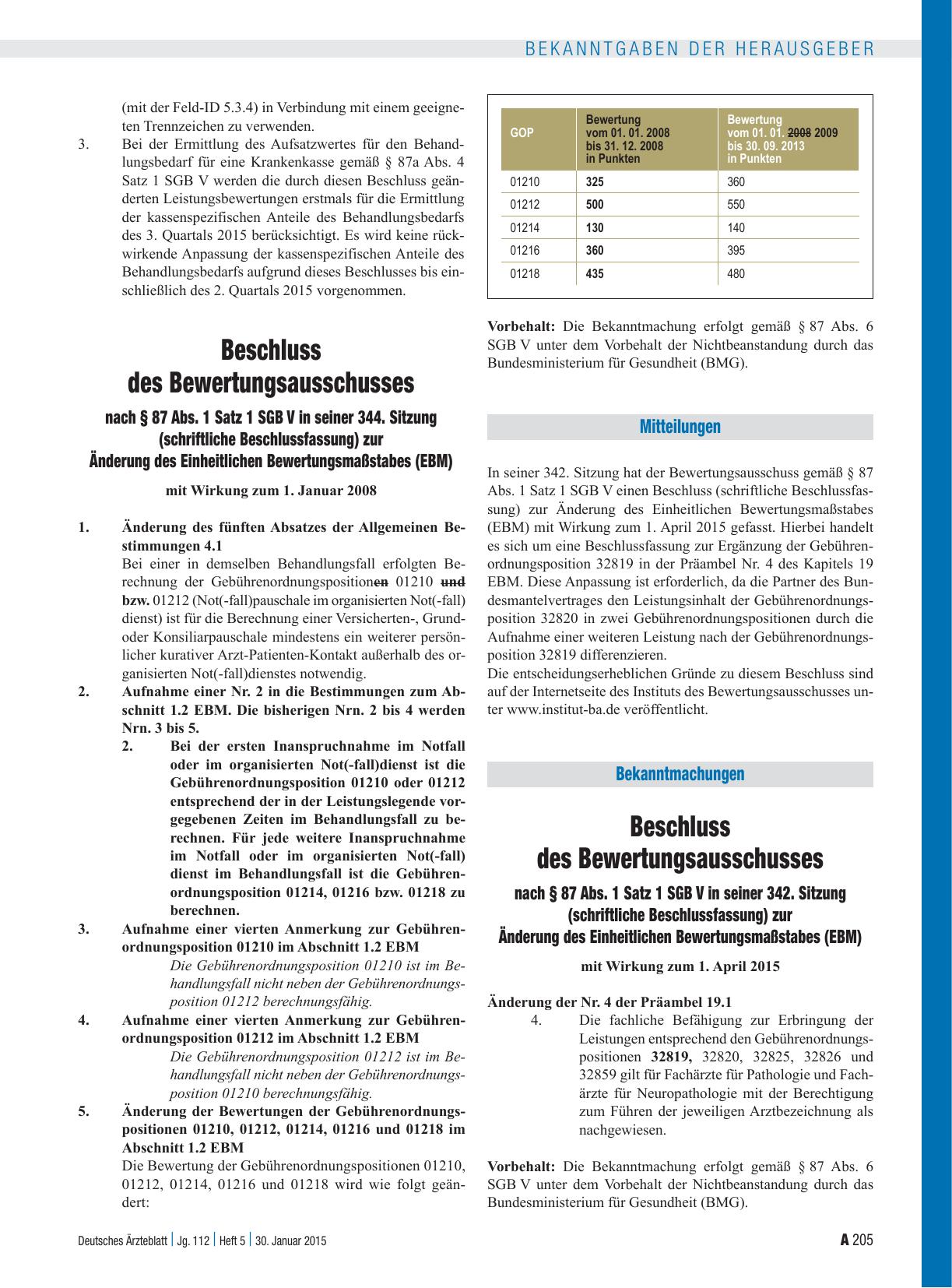 Vorschauseite 1: Beschluss des Bewertungsausschusses nach § 87 Abs. 1 Satz 1 SGB V in seiner 342. Sitzung (schriftliche Beschlussfassung) zur Änderung des Einheitlichen Bewertungsmaßstabes (EBM)