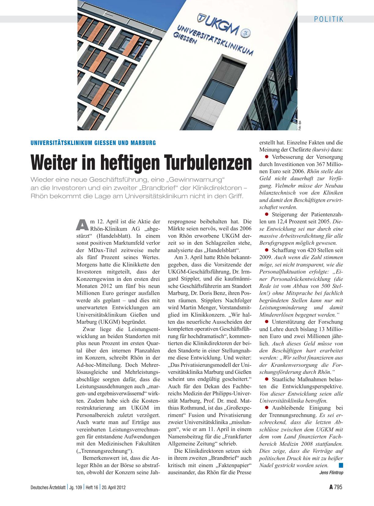 Vorschauseite 1: Universitätsklinikum Giessen und Marburg: Weiter in heftigen Turbulenzen