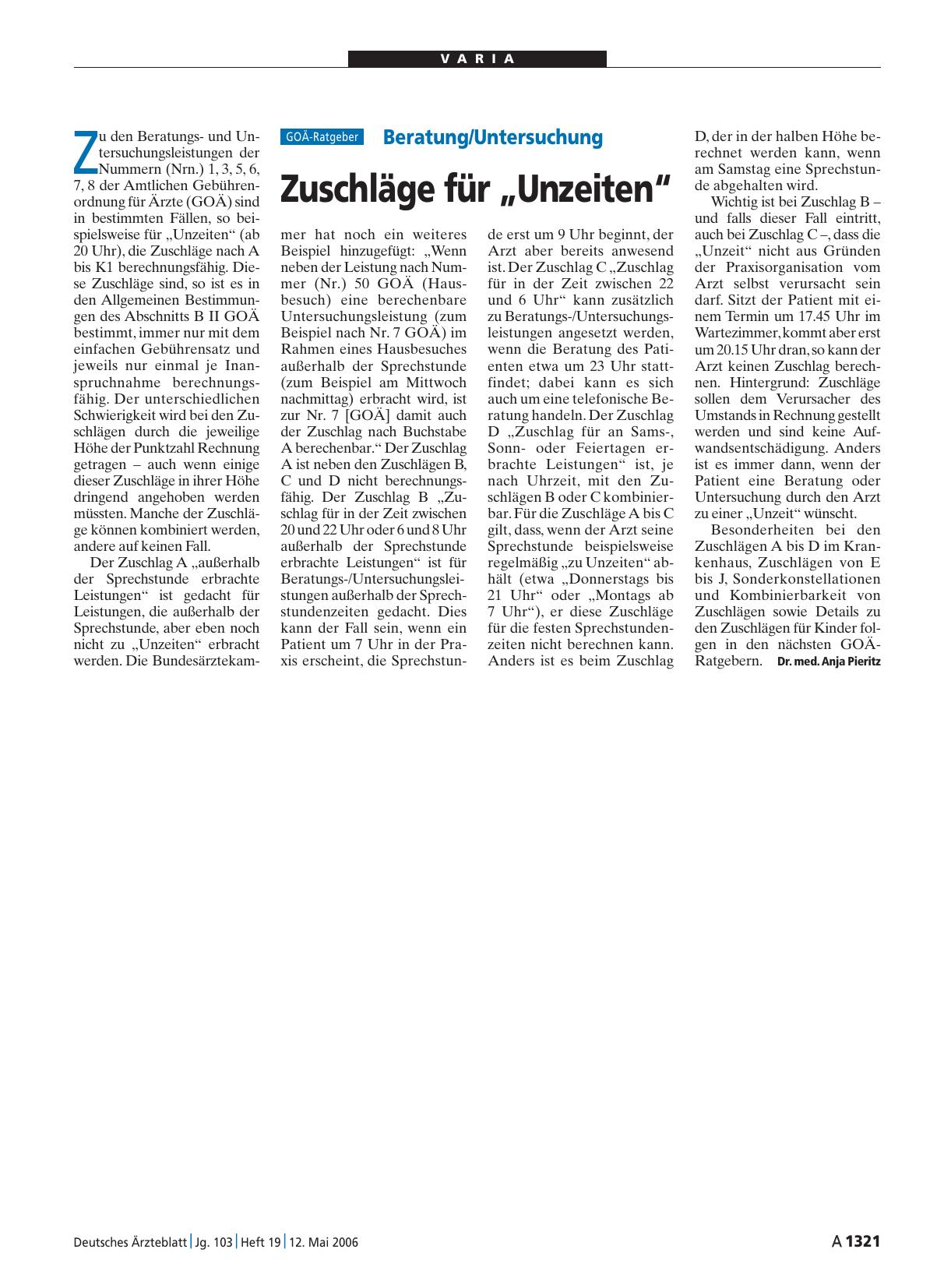 Vorschauseite 1: Beratung/Untersuchung: Zuschläge für „Unzeiten“
