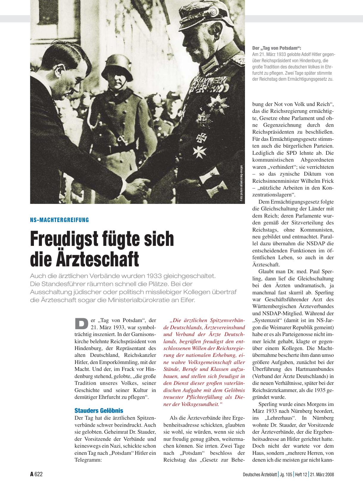 Vorschauseite 1: NS-Machtergreifung: Freudigst fügte sich die Ärzteschaft