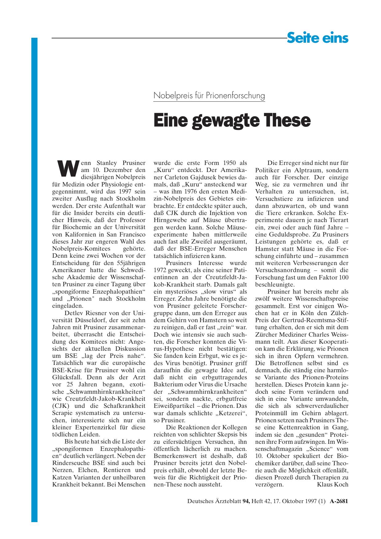 Vorschauseite 1: Nobelpreis für Prionenforschung: Eine gewagte These wird geadelt