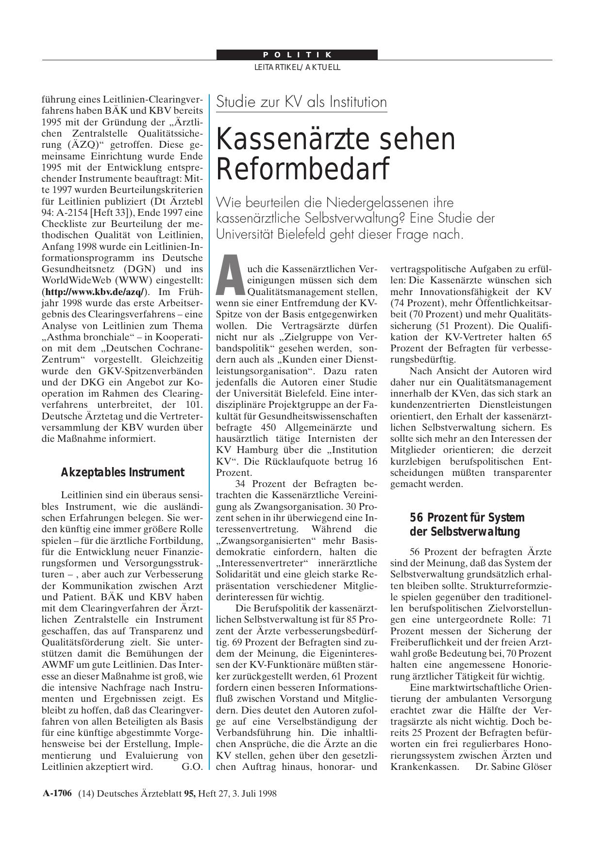 Vorschauseite 1: Studie zur KV als Institution: Kassenärzte sehen Reformbedarf