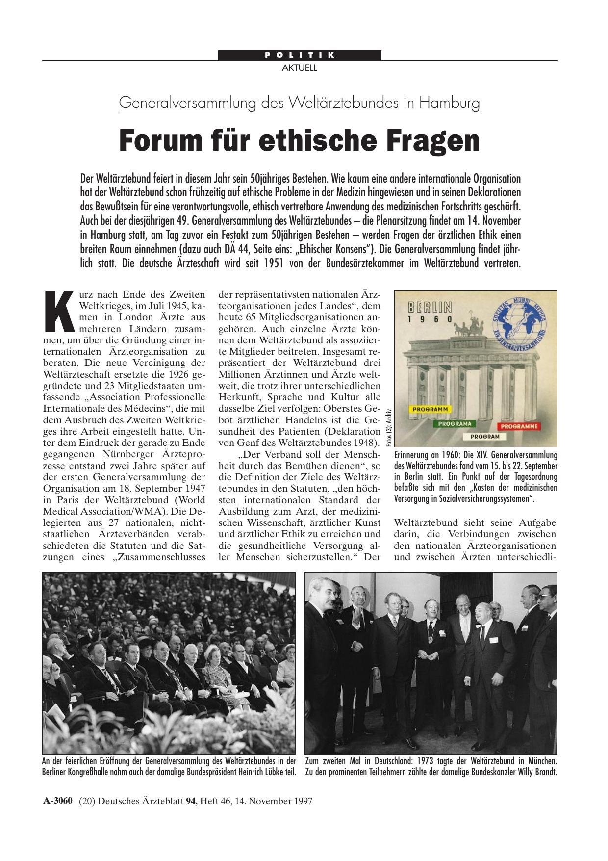 Vorschauseite 1: Generalversammlung des Weltärztebundes in Hamburg: Forum für ethische Fragen