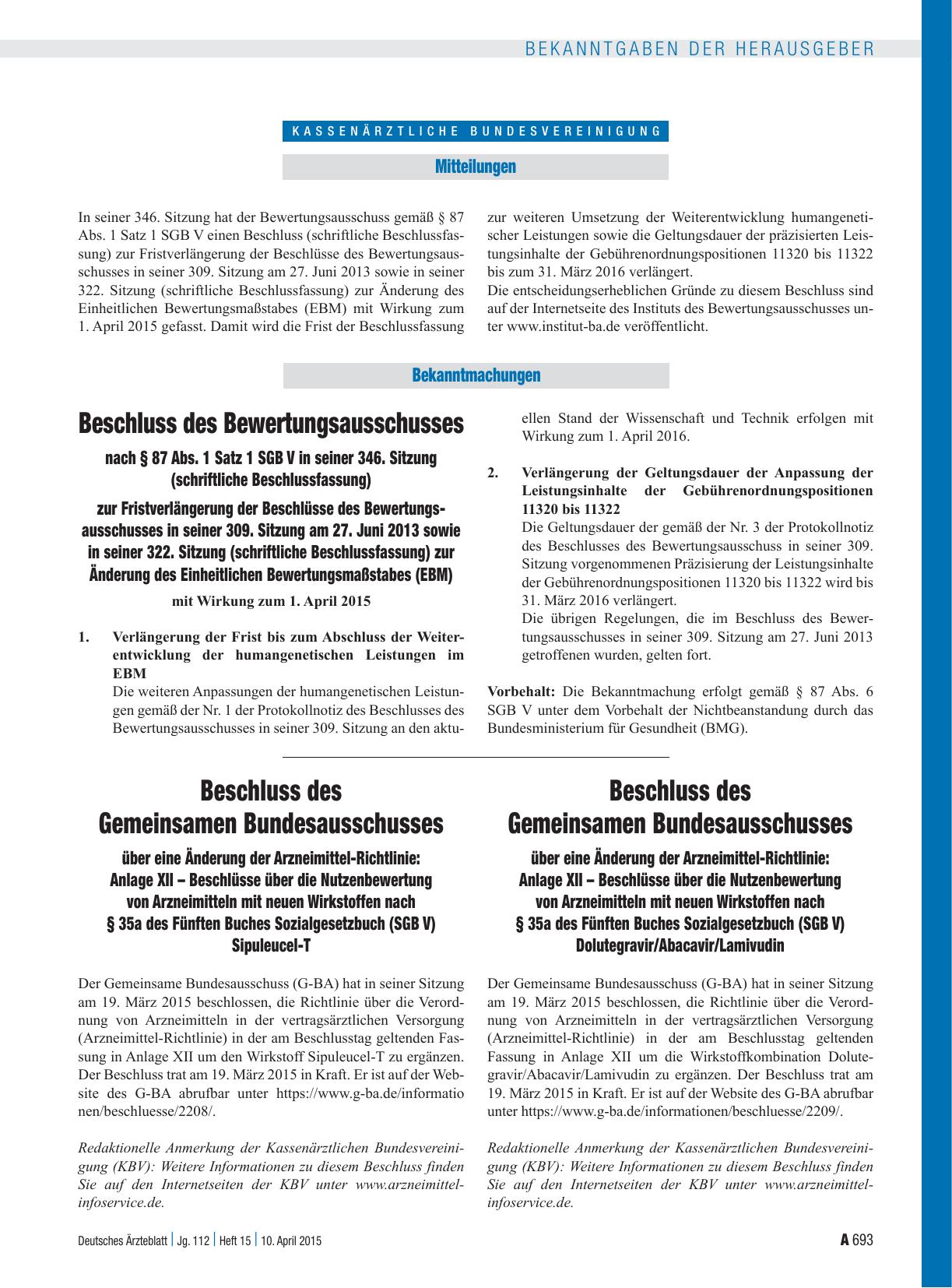 Vorschauseite 1: Beschluss des Bewertungsausschusses nach § 87 Abs. 1 Satz 1 SGB V in seiner 346. Sitzung (schriftliche Beschlussfassung) zur Fristverlängerung der Beschlüsse des Bewertungsausschu…
