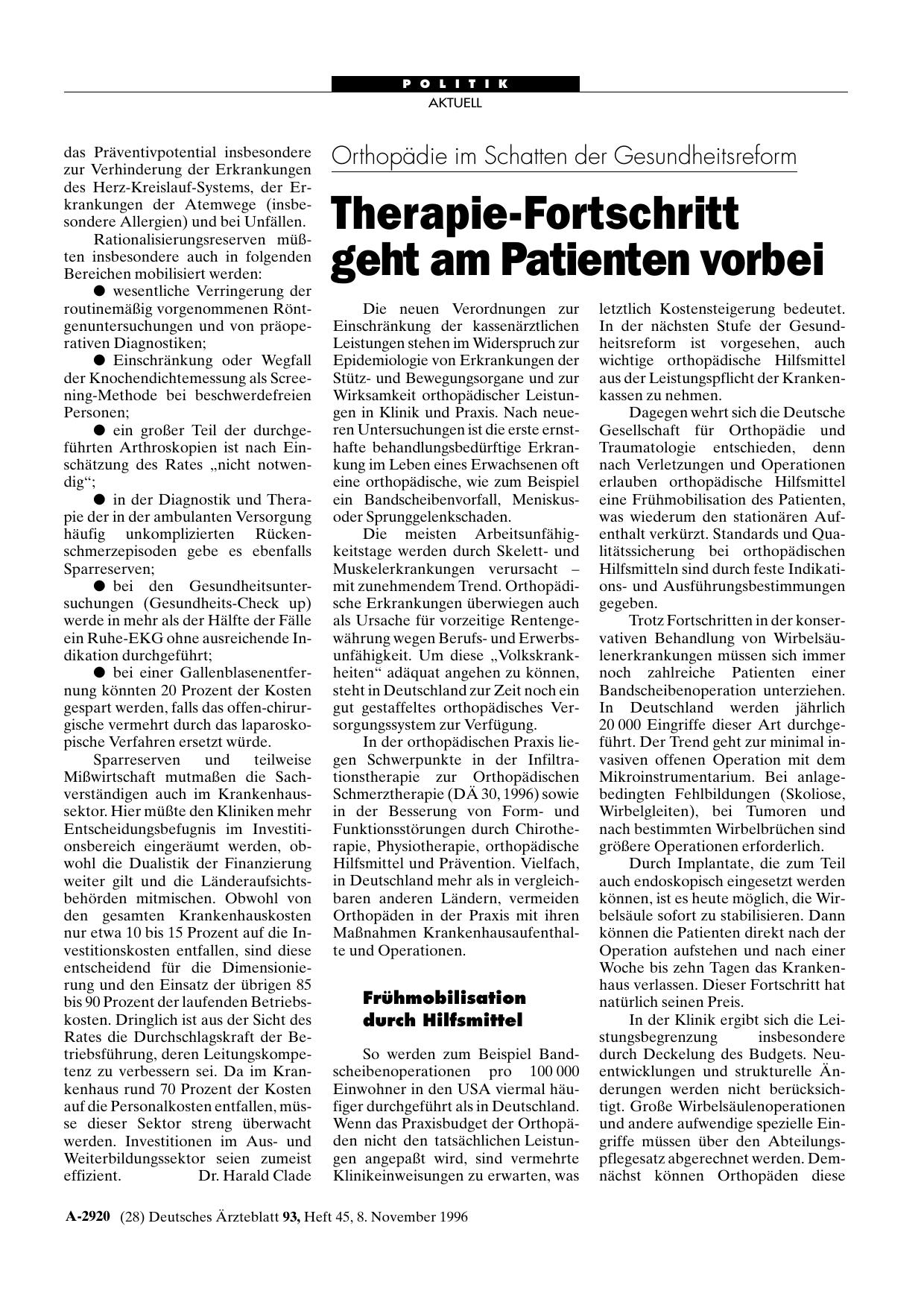Vorschauseite 1: Orthopädie im Schatten der Gesundheitsreform: Therapie-Fortschritt geht am Patienten vorbei