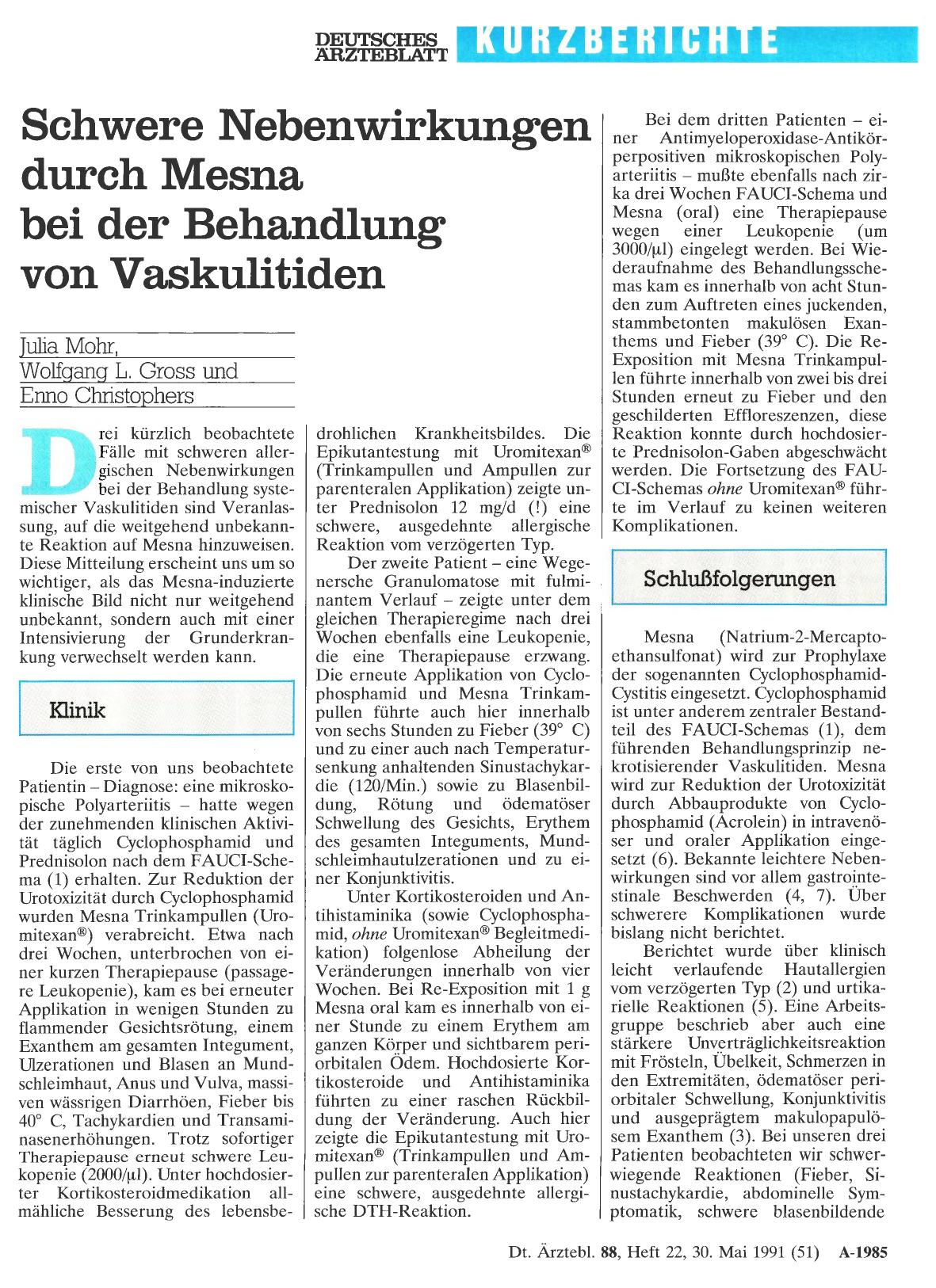 Vorschauseite 1: Schwere Nebenwirkungen durch Mesna bei der Behandlung von Vaskulitiden