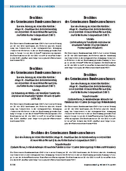 Vorschauseite 1: Beschluss des Gemeinsamen Bundesausschusses über eine Änderung der Arzneimittel-Richtlinie: Anlage XII – Nusinersen
