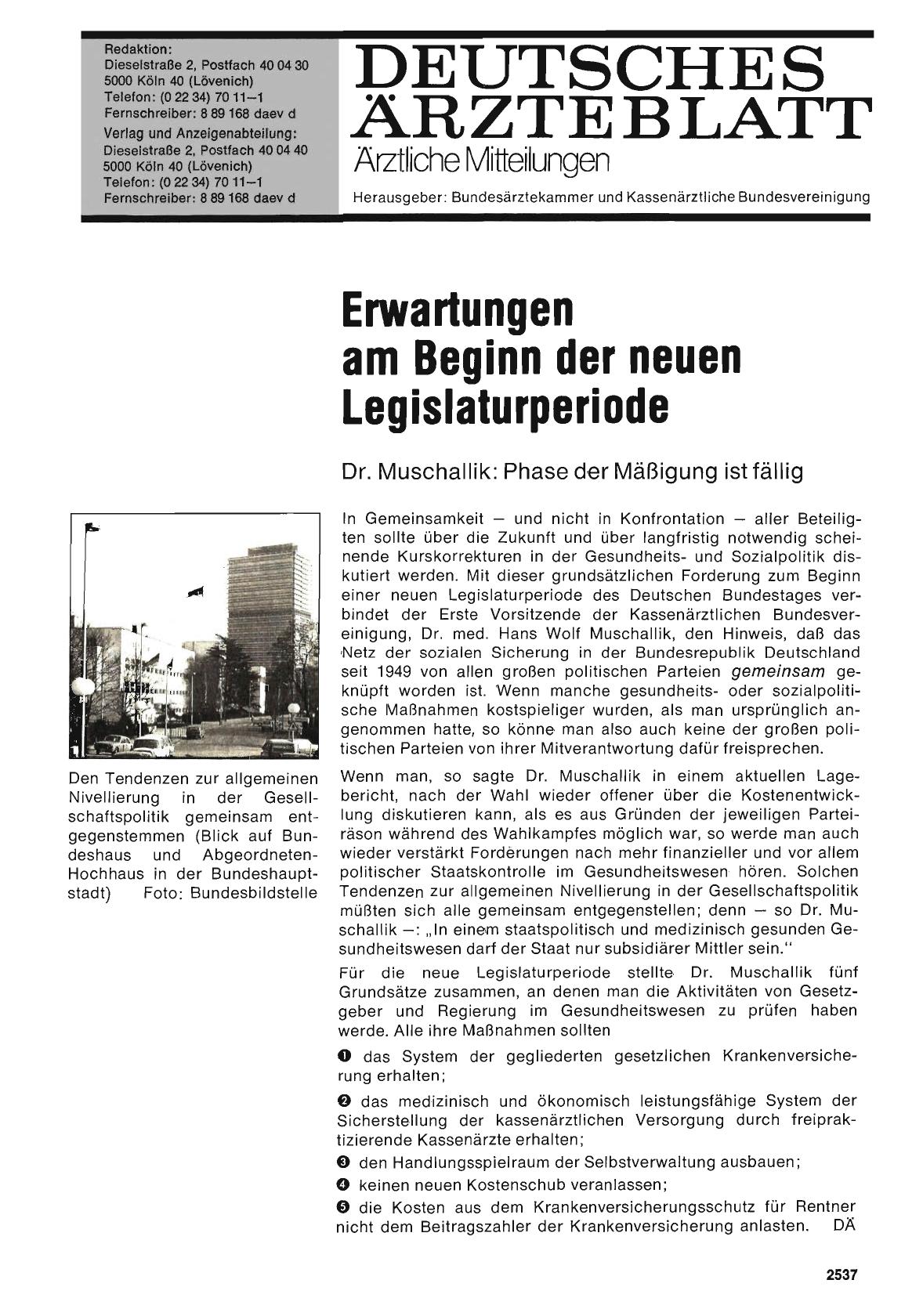 Vorschauseite 1: Erwartungen am Beginn der neuen Legislaturperiode - Dr. Muschallik: Phase der Mäßigung ist fällig