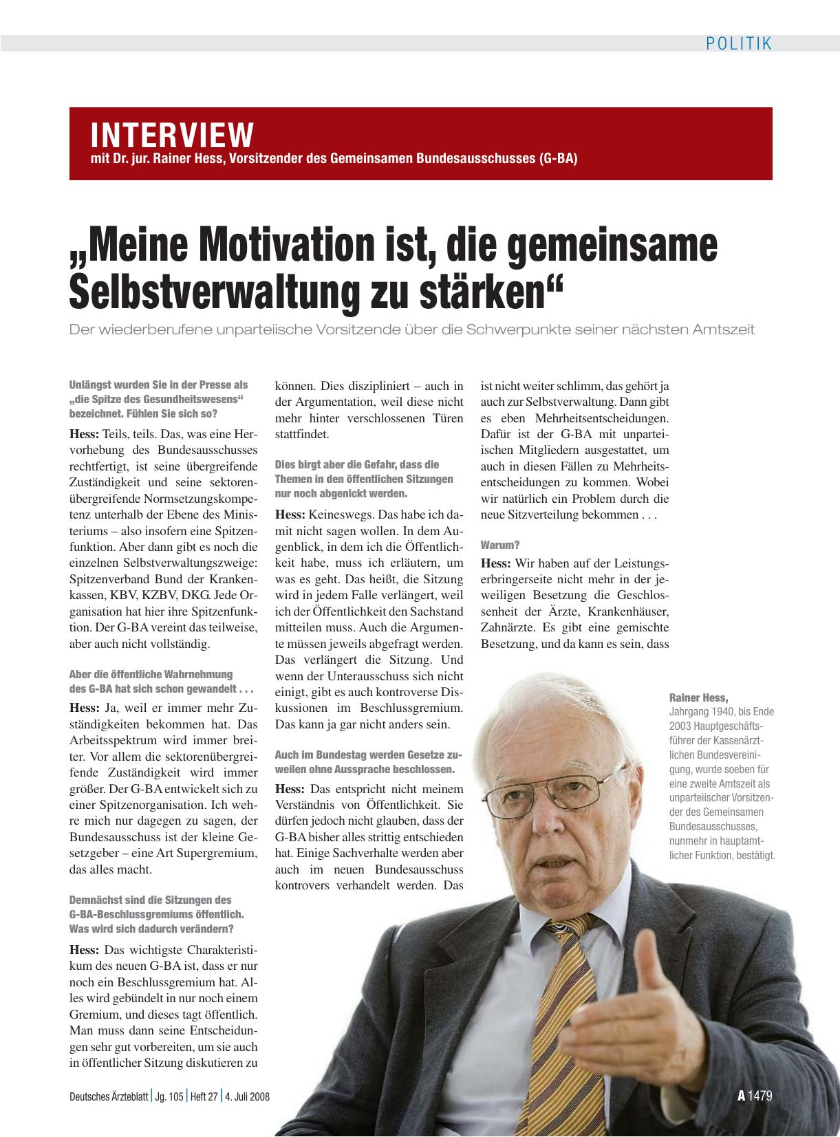 Vorschauseite 1: Dr. jur. Rainer Hess, Vorsitzender des Gemeinsamen Bundesausschusses (G-BA): „Meine Motivation ist, die gemeinsame Selbstverwaltung zu stärken“