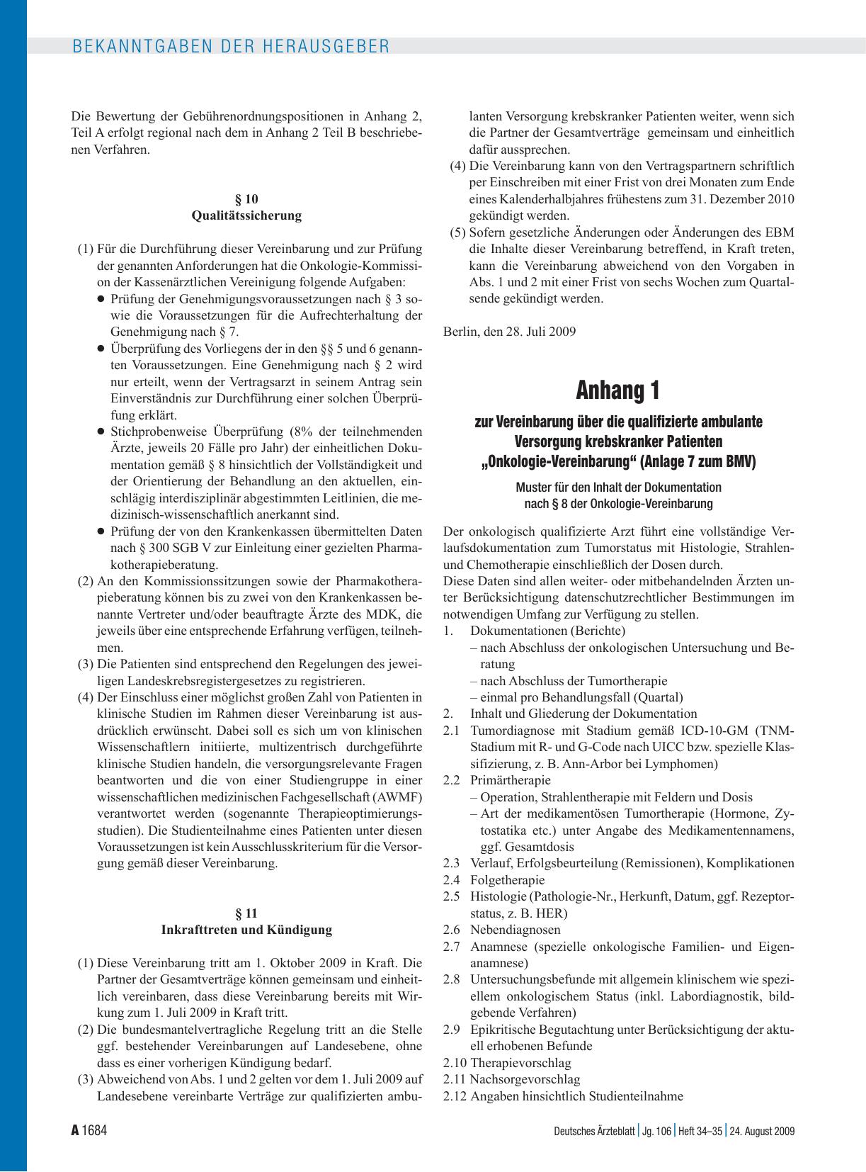 Vorschauseite 1: Anhang 1 zur Vereinbarung über die qualifizierte ambulante Versorgung krebskranker Patienten „Onkologie-Vereinbarung“ (Anlage 7 zum BMV)