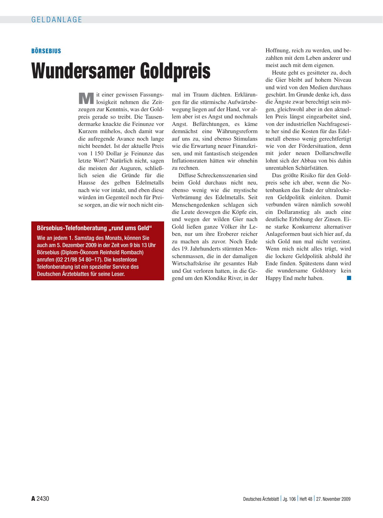 Vorschauseite 1: Börsebius: Wundersamer Goldpreis