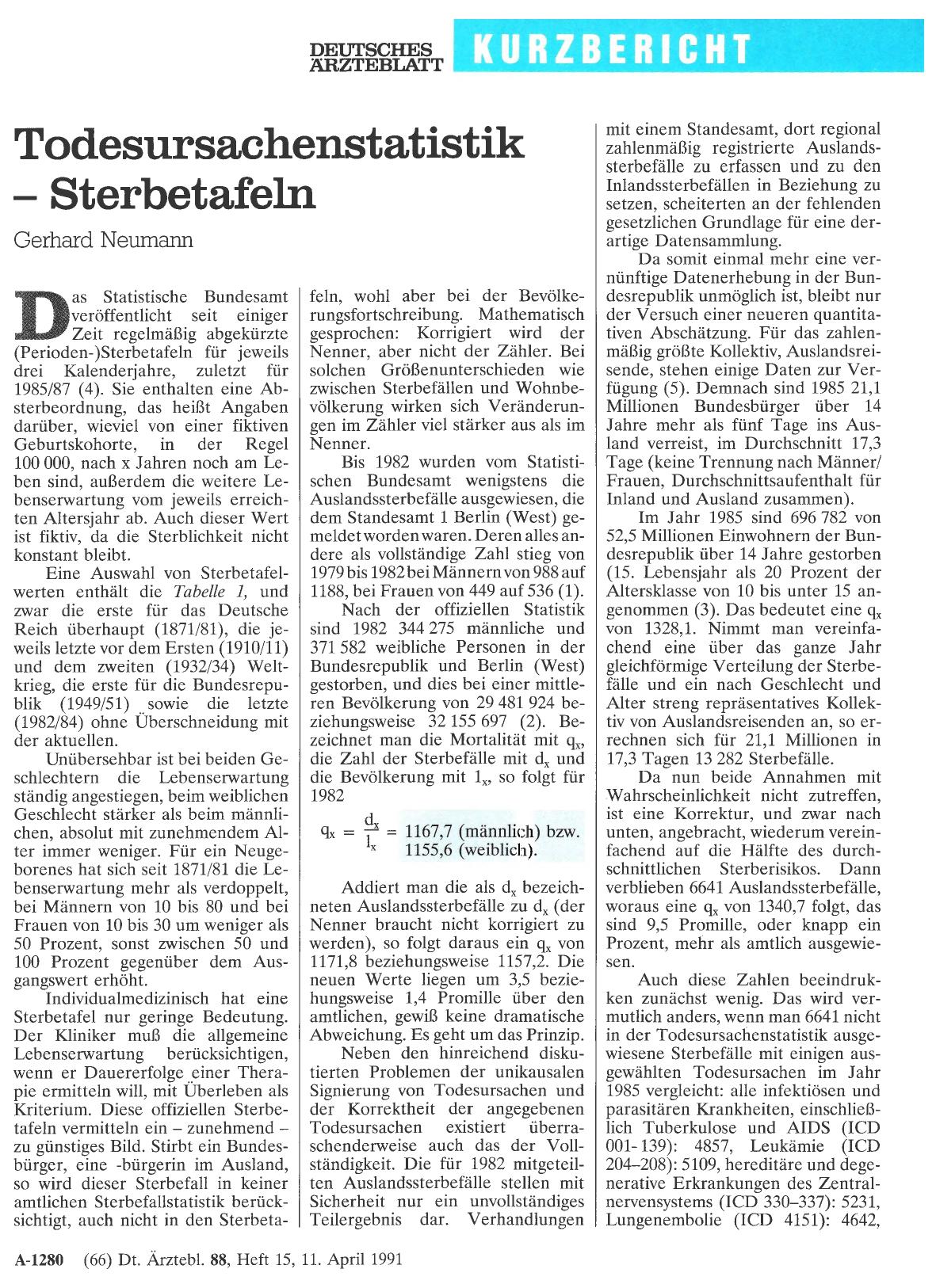 Vorschauseite 1: Todesursachenstatistik – Sterbetafeln