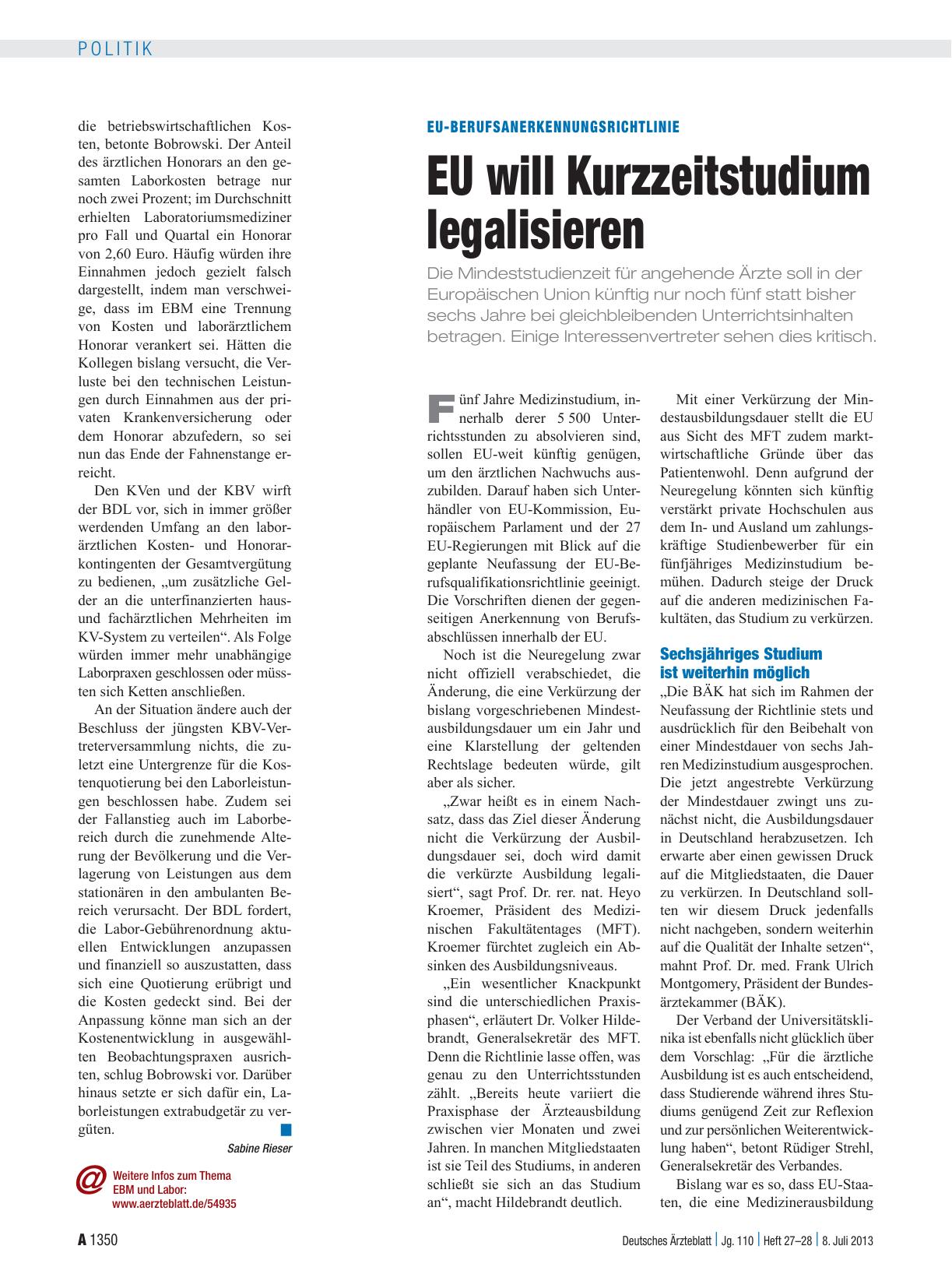 Vorschauseite 1: EU-Berufsanerkennungsrichtlinie: EU will Kurzzeitstudium legalisieren