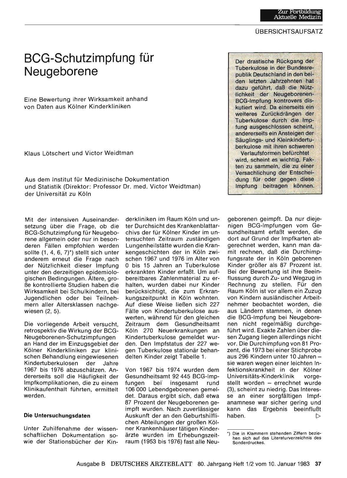 Vorschauseite 1: BCG-Schutzimpfung für Neugeborene: Eine Bewertung ihrer Wirksamkeit anhand von Daten aus Kölner Kinderkliniken