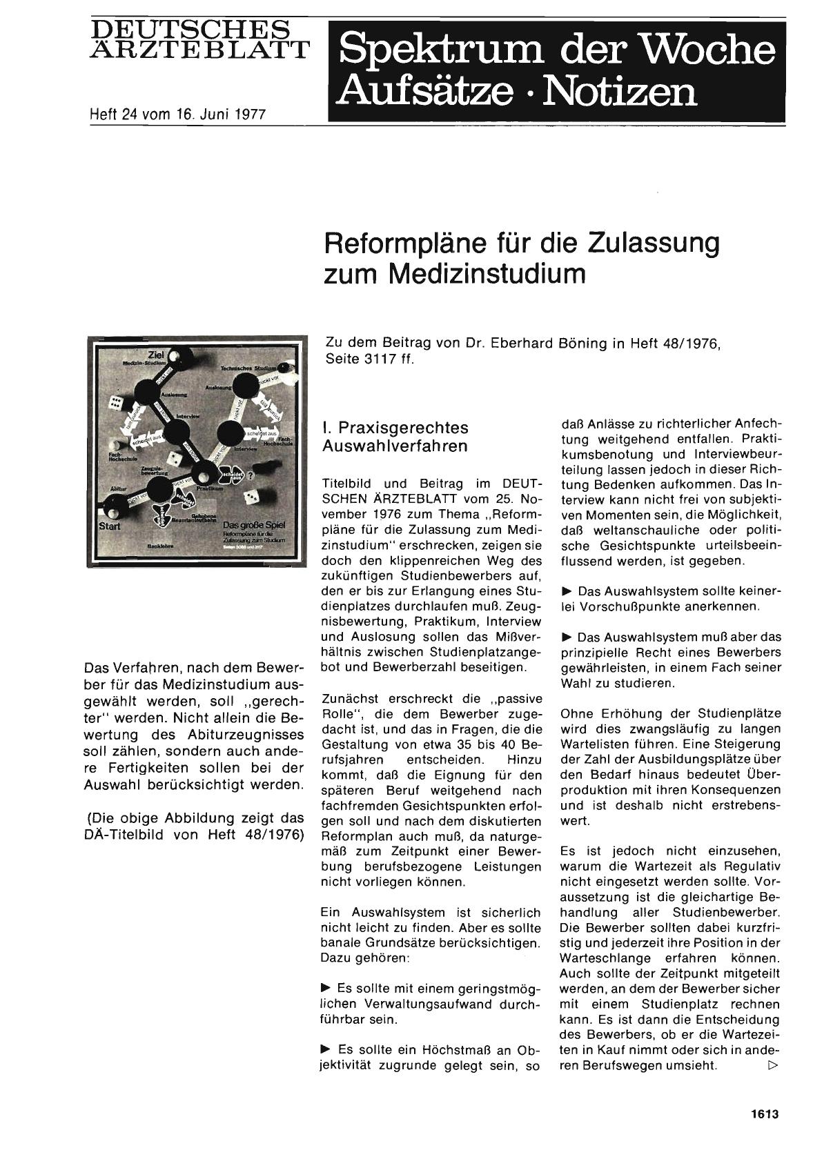 Vorschauseite 1: Reformpläne für die Zulassung zum Medizinstudium: I. Praxisgerechtes Auswahlverfahren