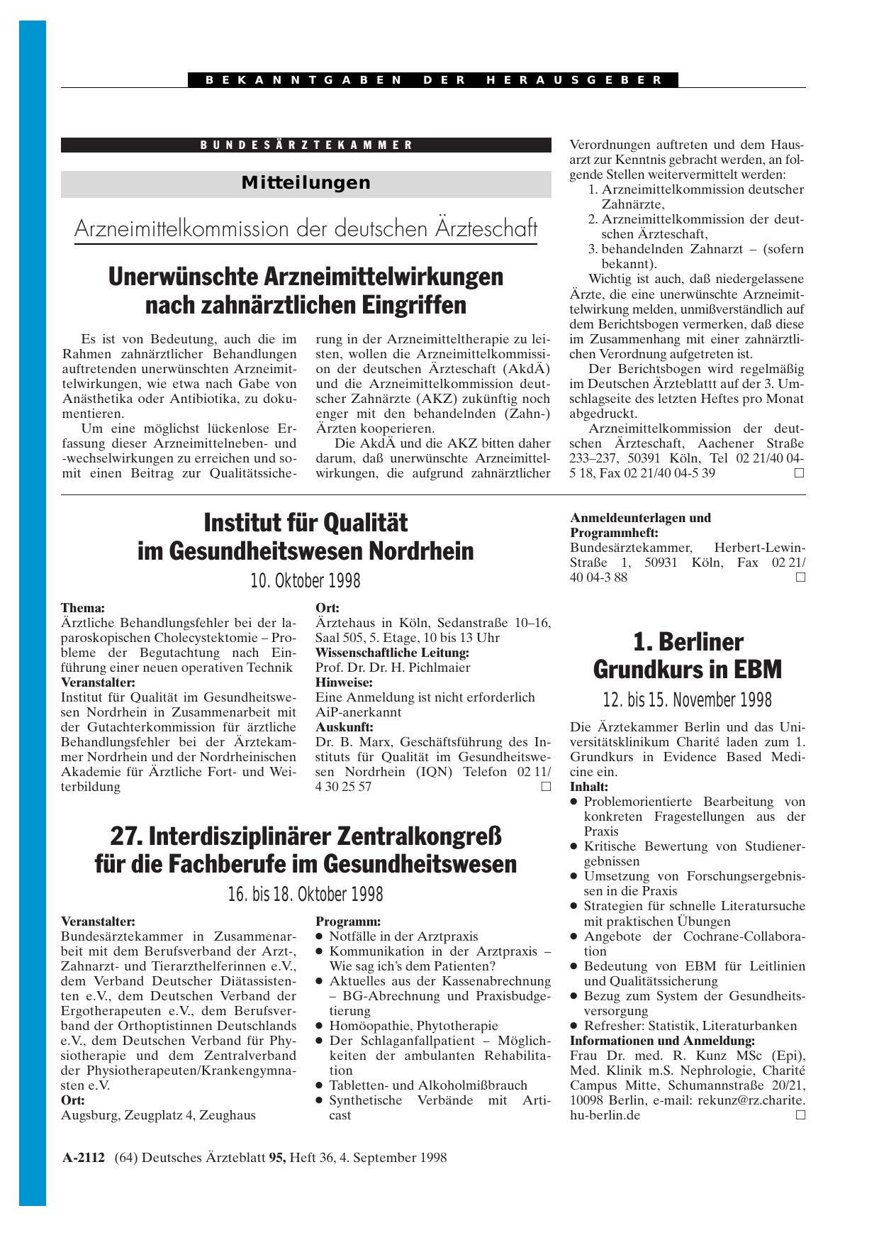 Vorschauseite 1: 27. Interdisziplinärer Zentralkongreß für die Fachberufe im Gesundheitswesen: 16. bis 18. Oktober 1998