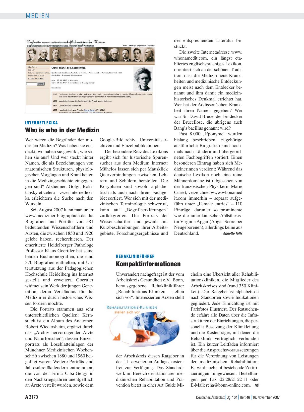 Vorschauseite 1: Internetlexika: Who is who in der Medizin