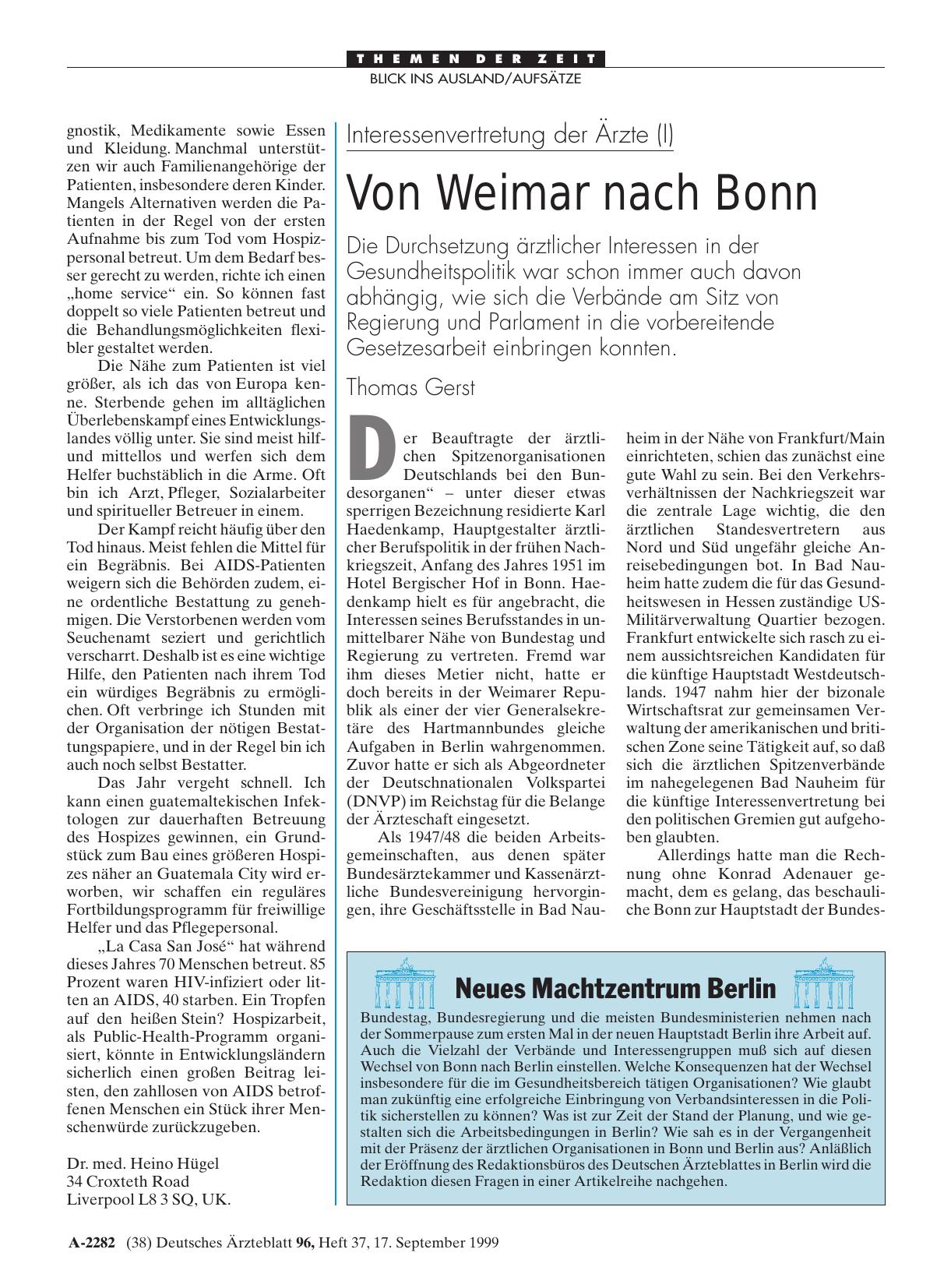 Vorschauseite 1: Interessenvertretung der Ärzte (I): Von Weimar nach Bonn