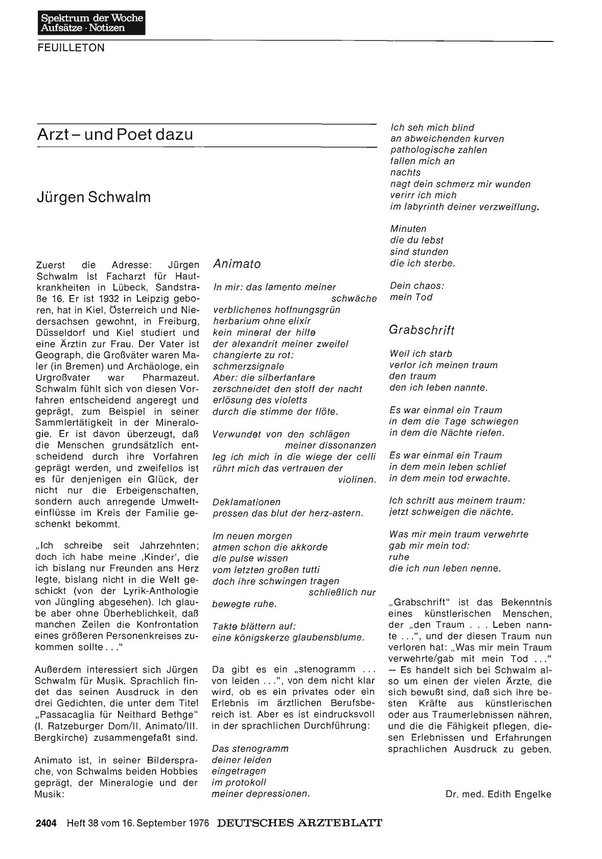 Vorschauseite 1: Arztund Poet dazu: Jürgen Schwalm