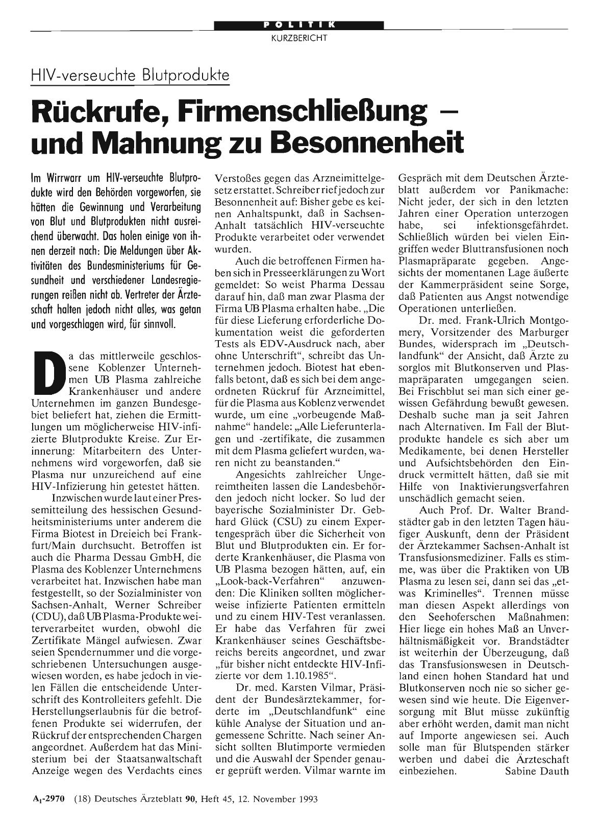 Vorschauseite 1: HIV-verseuchte Blutprodukte: Rückrufe, Firmenschließung und Mahnung zu Besonnenheit