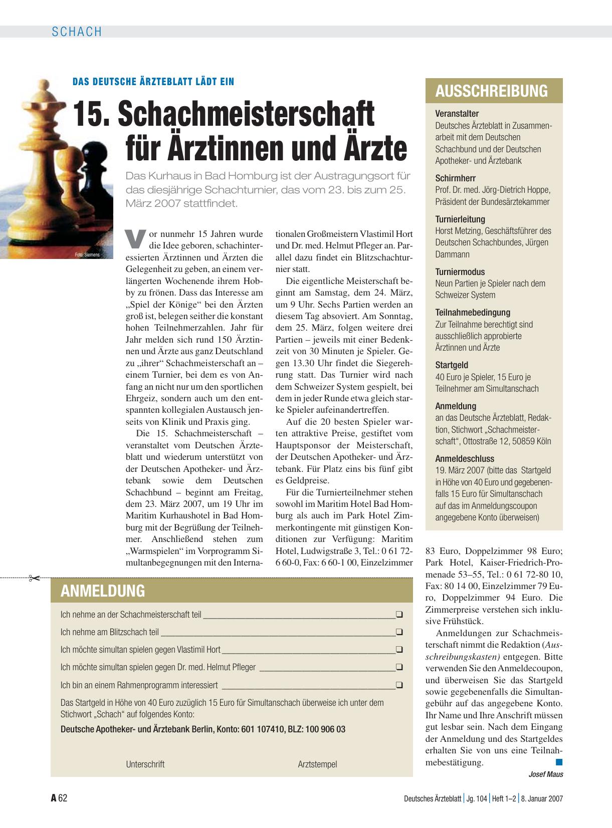Vorschauseite 1: Das Deutsche Ärzteblatt lädt ein: 15. Schachmeisterschaft für Ärztinnen und Ärzte