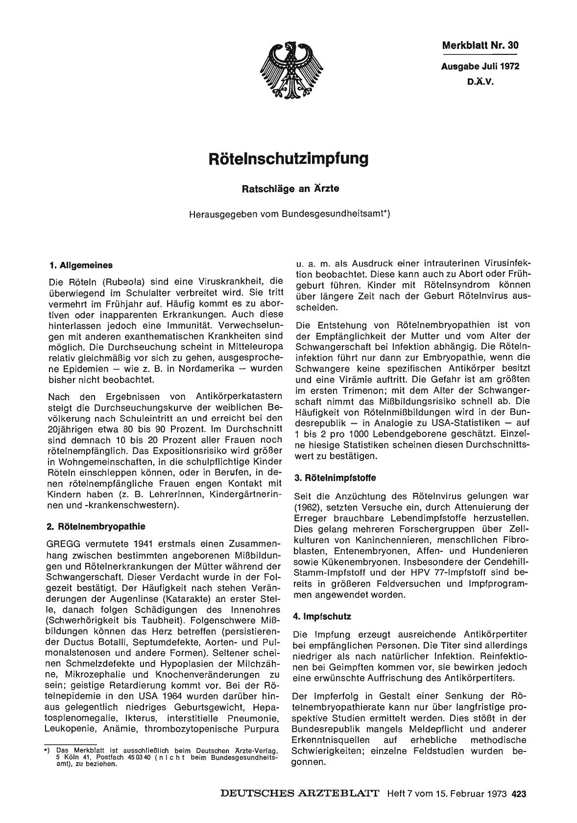 Vorschauseite 1: Merkblatt Nr. 30: Rötelnschutzimpfung