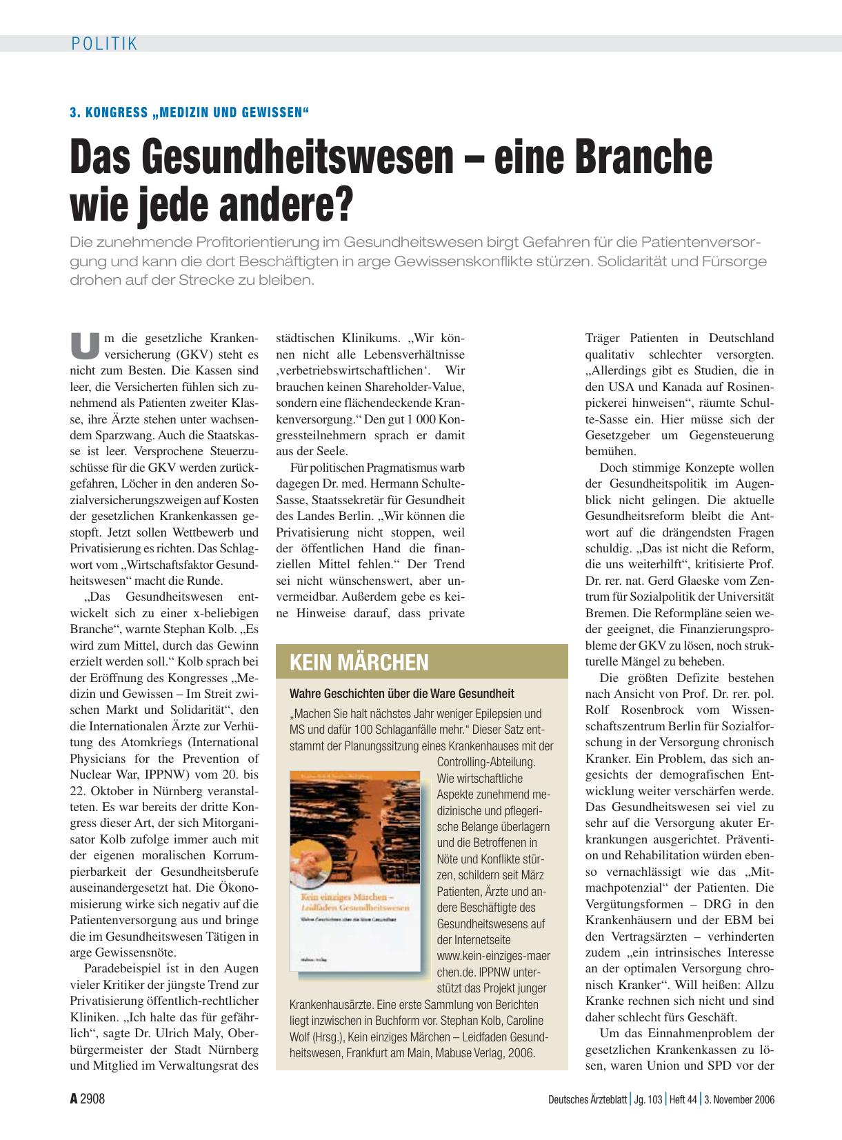 Vorschauseite 1: 3. Kongress „Medizin und Gewissen“: Das Gesundheitswesen – eine Branche wie jede andere?