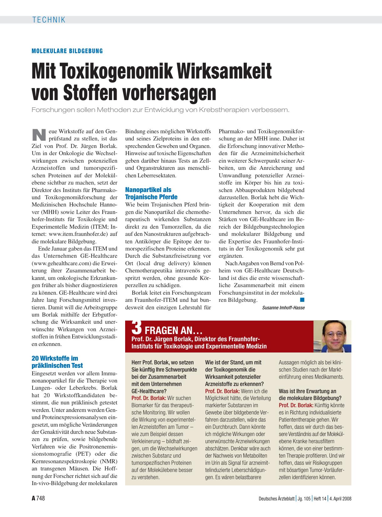 Vorschauseite 1: 3 Fragen an…Prof. Dr. Jürgen Borlak, Direktor des Fraunhofer-Instituts für Toxikologie und Experimentelle Medizin
