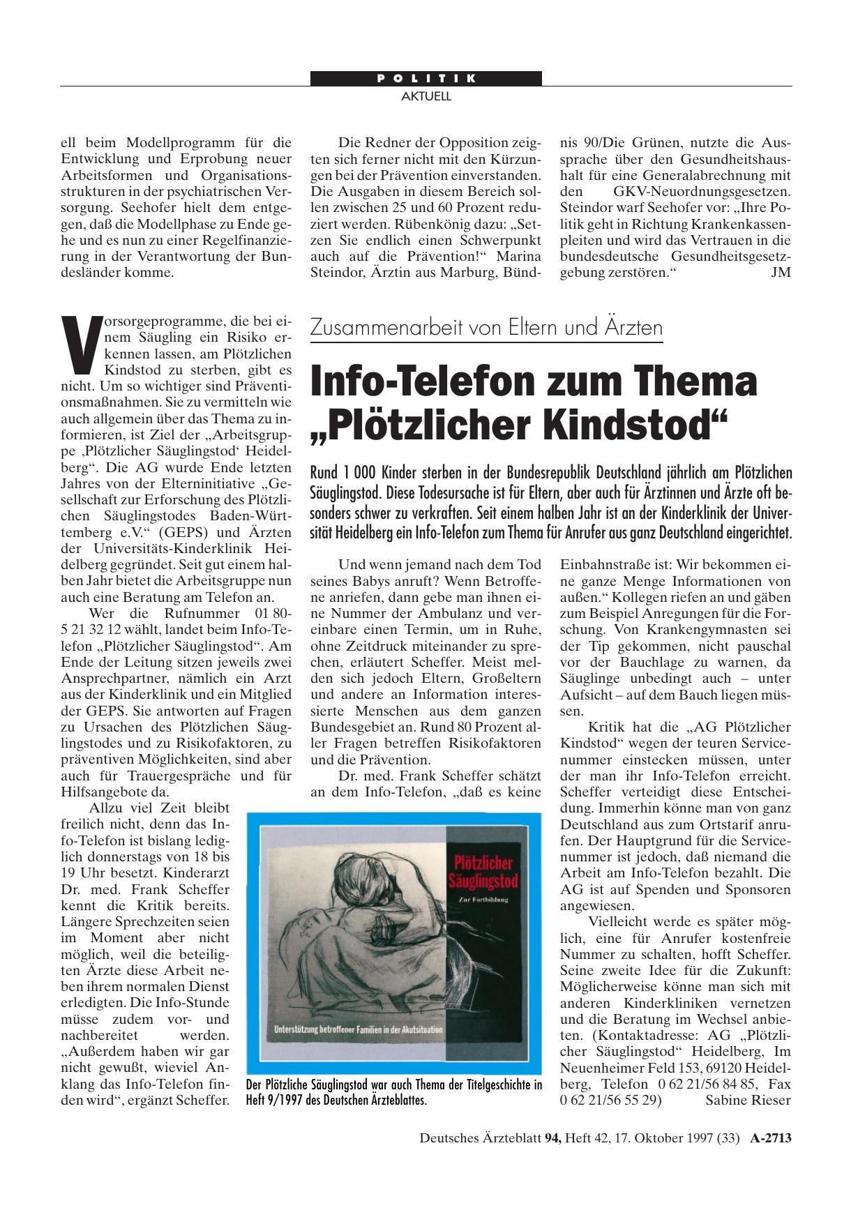 Vorschauseite 1: Zusammenarbeit von Eltern und Ärzten: Info-Telefon zum Thema „Plötzlicher Kindstod“