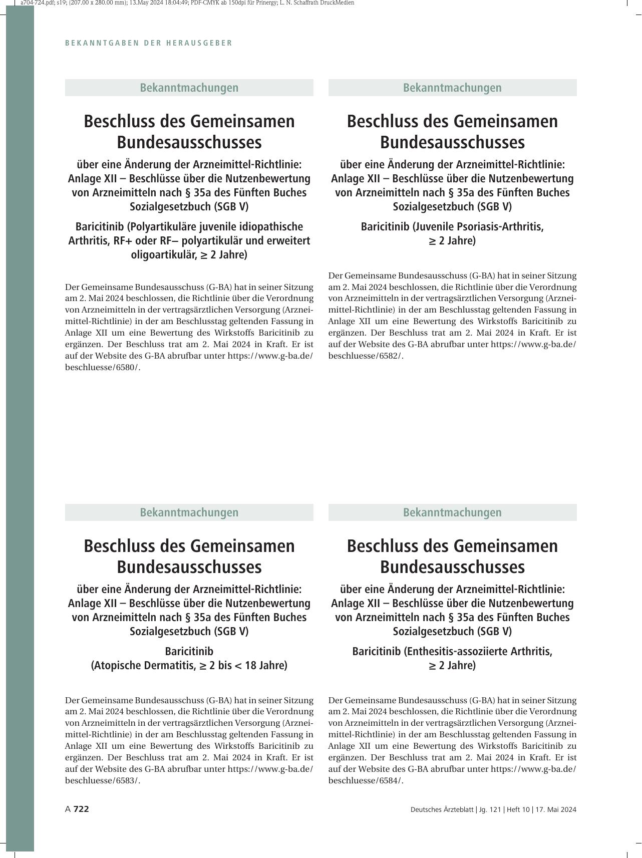 Vorschauseite 1: Beschluss des Gemeinsamen Bundesausschusses über eine Änderung der Arzneimittel-Richtlinie: Baricitinib (Juvenile Psoriasis-Arthritis, ≥ 2 Jahre)