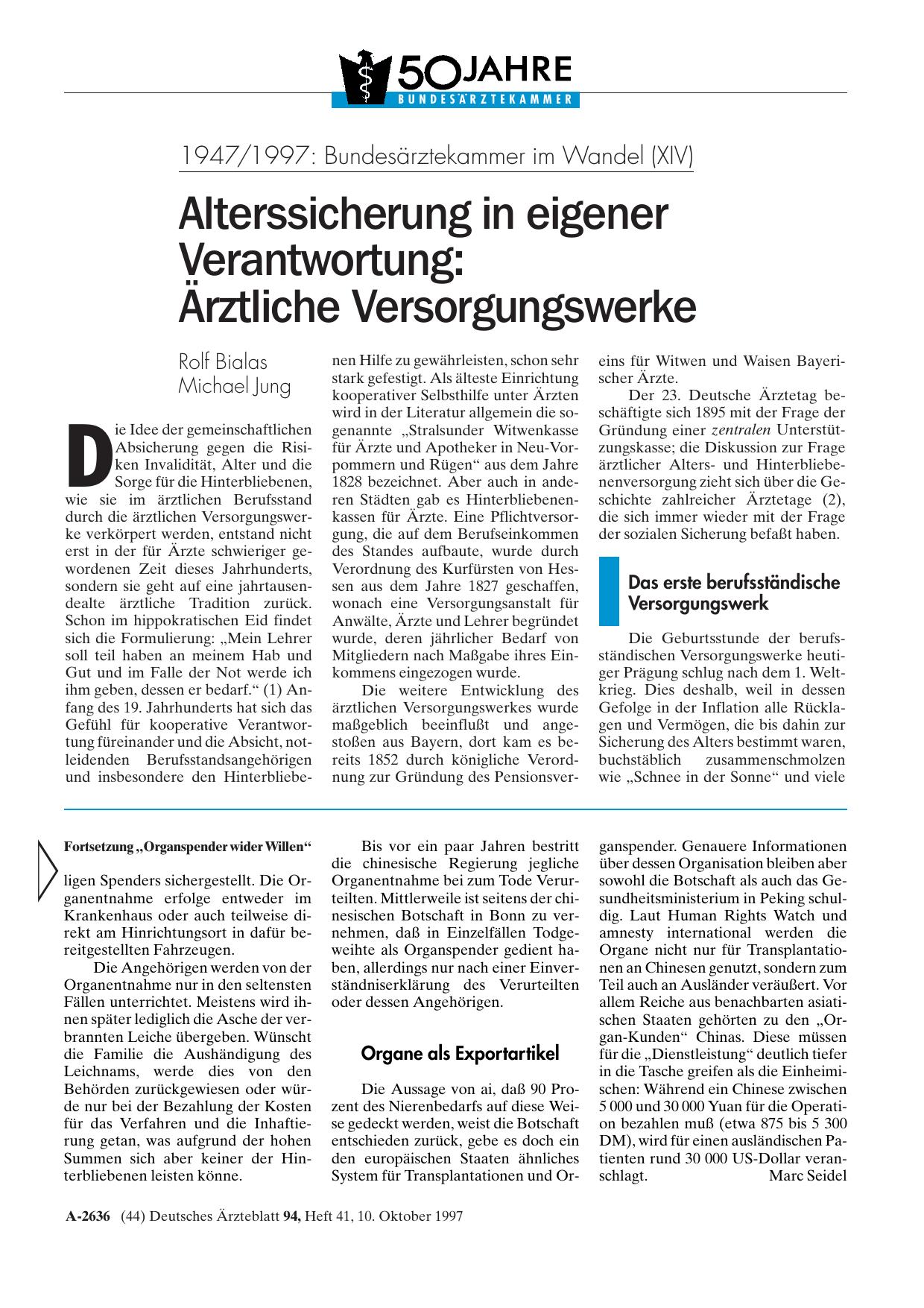 Vorschauseite 1: 1947/1997 – Bundesärztekammer im Wandel (XIV): Alterssicherung in eigener Verantwortung: Ärztliche Versorgungswerke