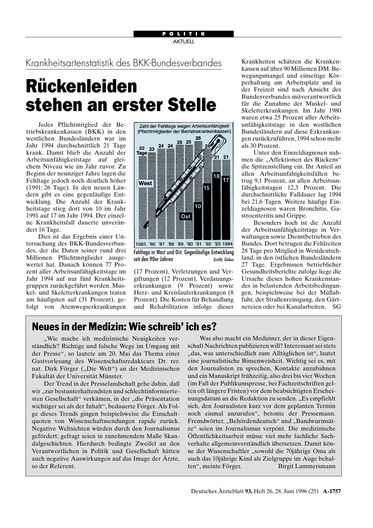 Vorschauseite 1: Krankheitsartenstatistik des BKK-Bundesverbandes: Rückenleiden stehen an erster Stelle