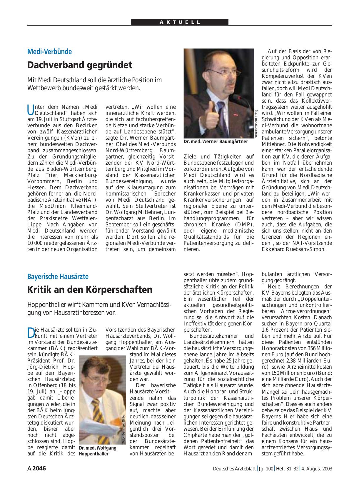 Vorschauseite 1: Medi-Verbünde: Dachverband gegründet