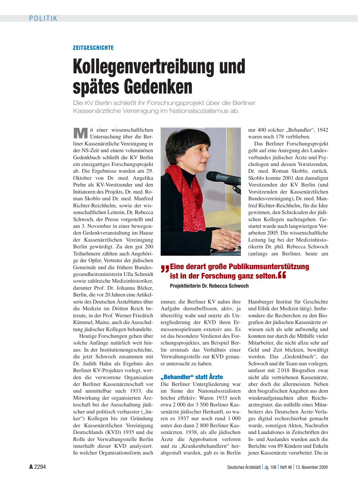 Vorschauseite 1: Zeitgeschichte: Kollegenvertreibung und spätes Gedenken