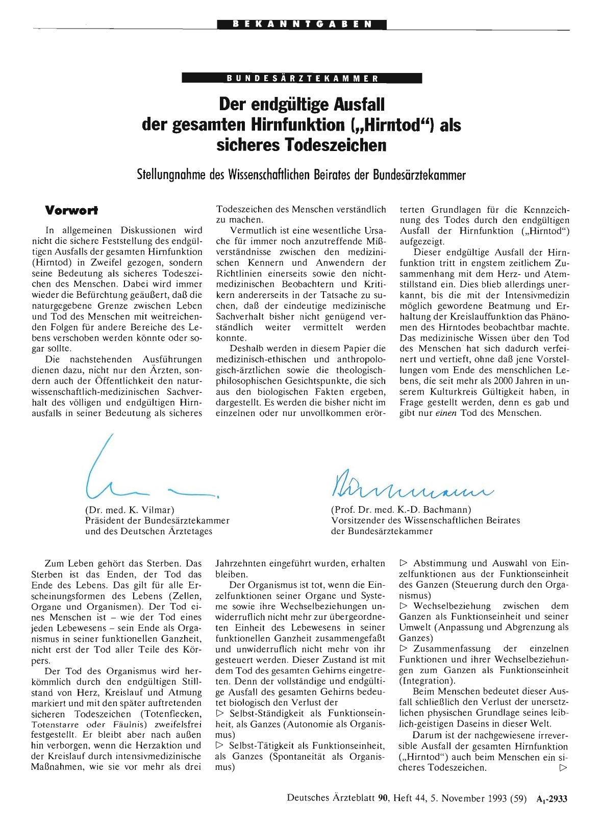 Vorschauseite 1: Der endgültige Ausfall der gesamten Hirnfunktion („Hirntod“) als sicheres Todeszeichen: Stellungnahme des Wissenschaftlichen Beirates der Bundesärztekammer