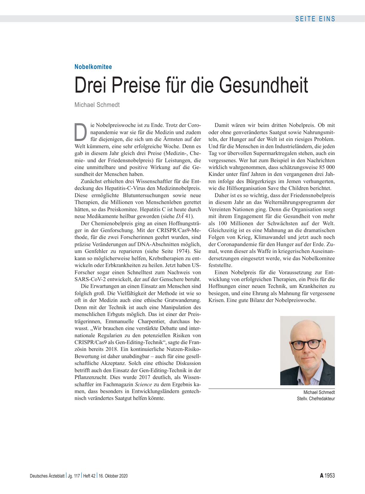 Vorschauseite 1: Nobelkomitee: Drei Preise für die Gesundheit