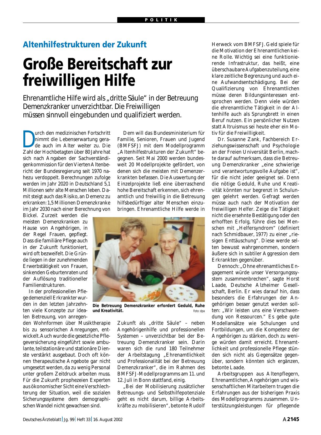 Vorschauseite 1: Altenhilfestrukturen der Zukunft: Große Bereitschaft zur freiwilligen Hilfe