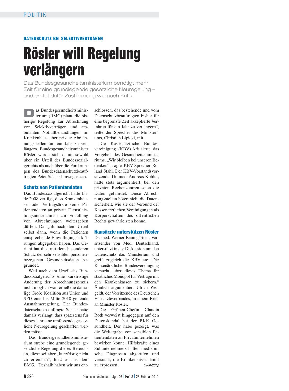 Vorschauseite 1: Datenschutz bei Selektivverträgen: Rösler will Regelung verlängern