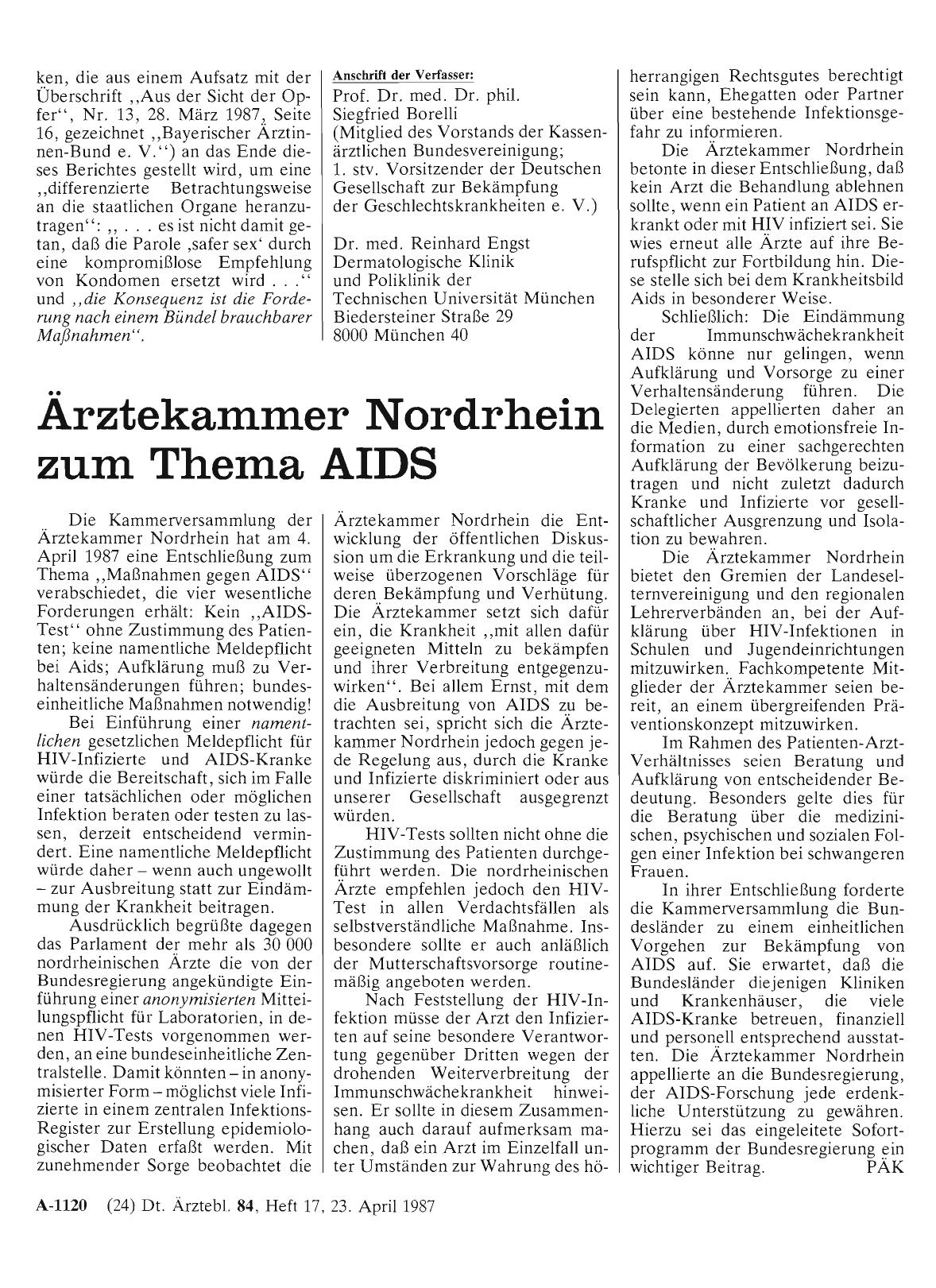 Vorschauseite 1: Ärztekammer Nordrhein zum Thema AIDS