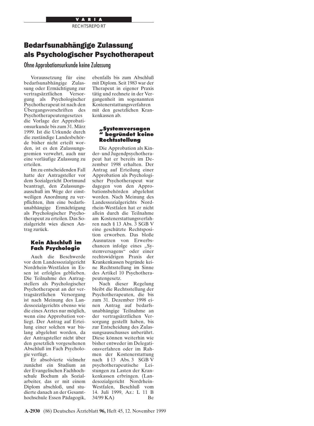 Vorschauseite 1: Bedarfsunabhängige Zulassung als Psychologischer Psychotherapeut: Ohne Approbationsurkunde keine Zulassung