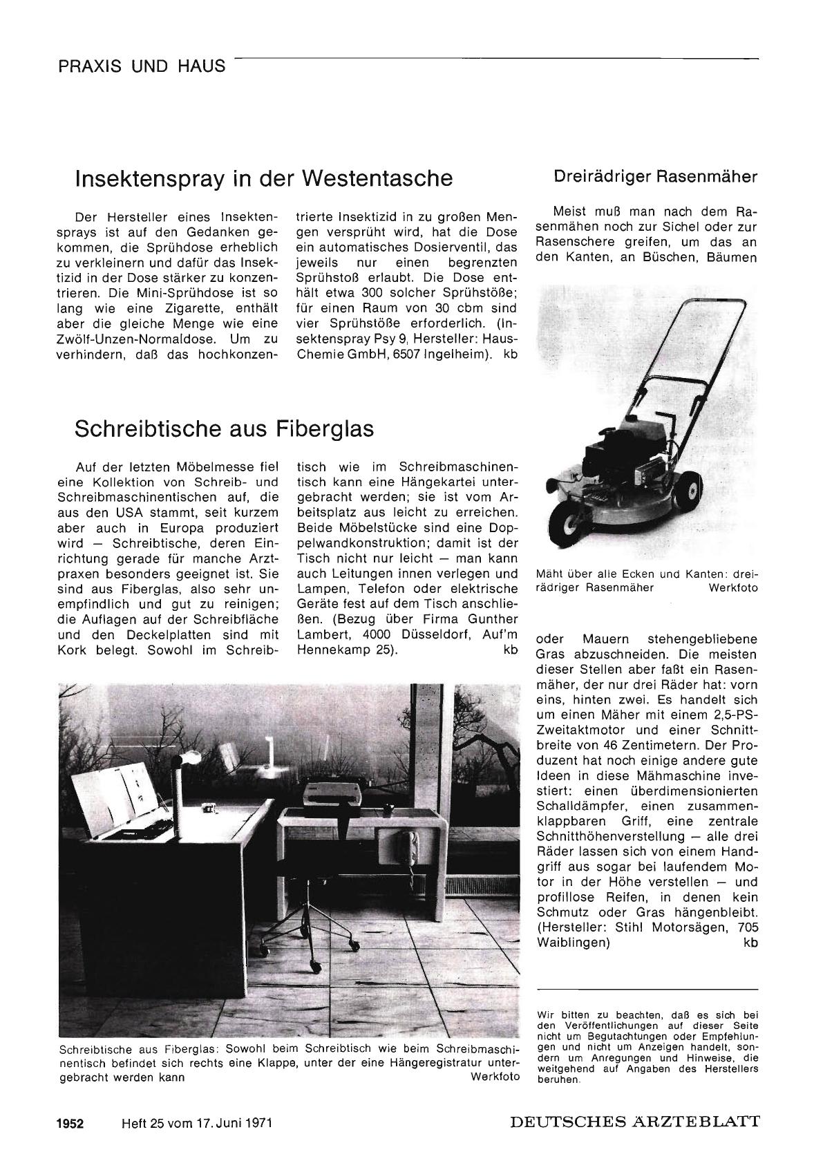 Vorschauseite 1: Insektenspray in der Westentasche / Schreibtische aus Fiberglas / Dreirädriger Rasenmäher