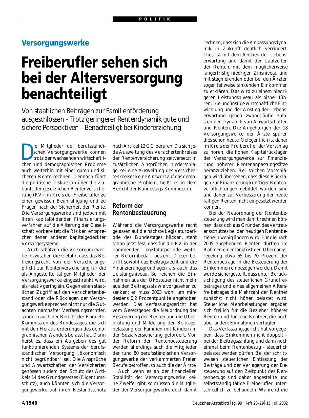 Vorschauseite 1: Versorgungswerke: Freiberufler sehen sich bei der Altersversorgung benachteiligt